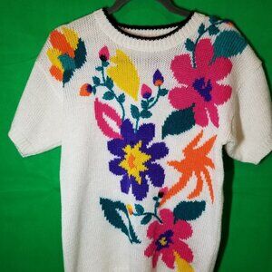 JACLYN SMITH Short Sleeve Sweater White Colorful Floral VTG 80s Size S Retro